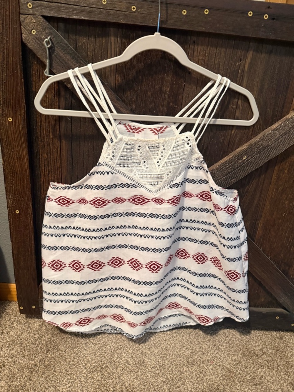 Source Unknown White Strappy Camisole with Red & Navy Aztec Print